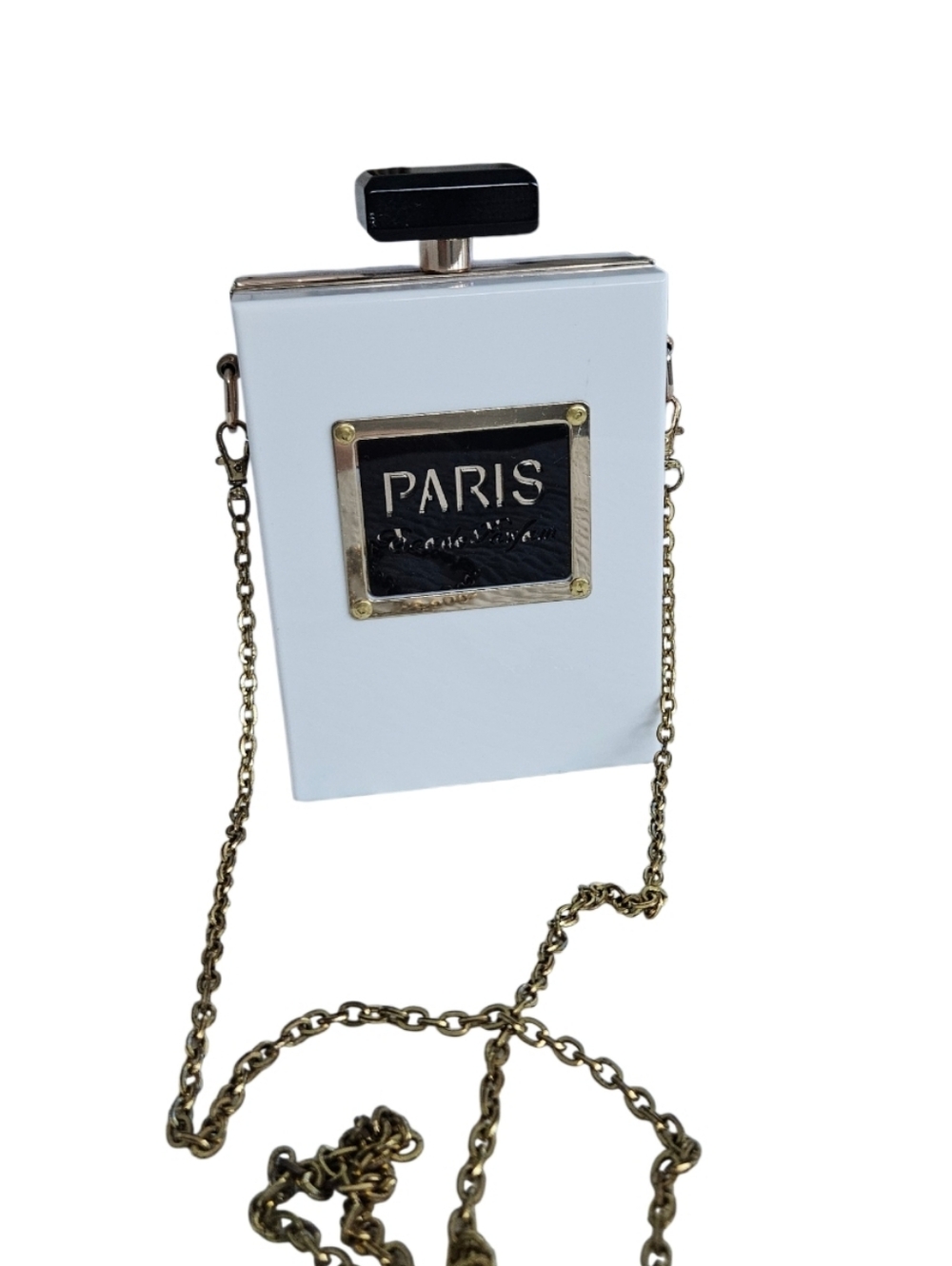 Paris Perfume Bottle Clutch - White with Gold Chain Acrylic